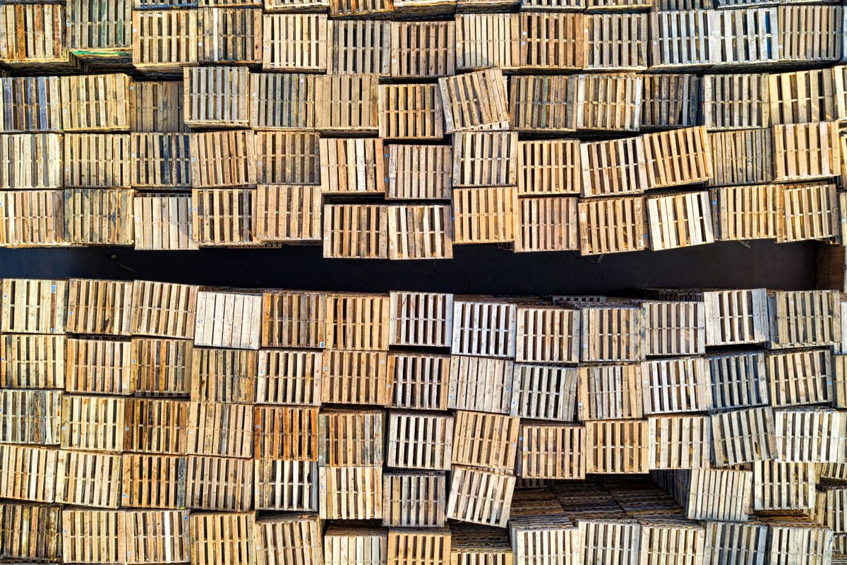 Neatly arranged wooden pallets for industrial shipping and handling